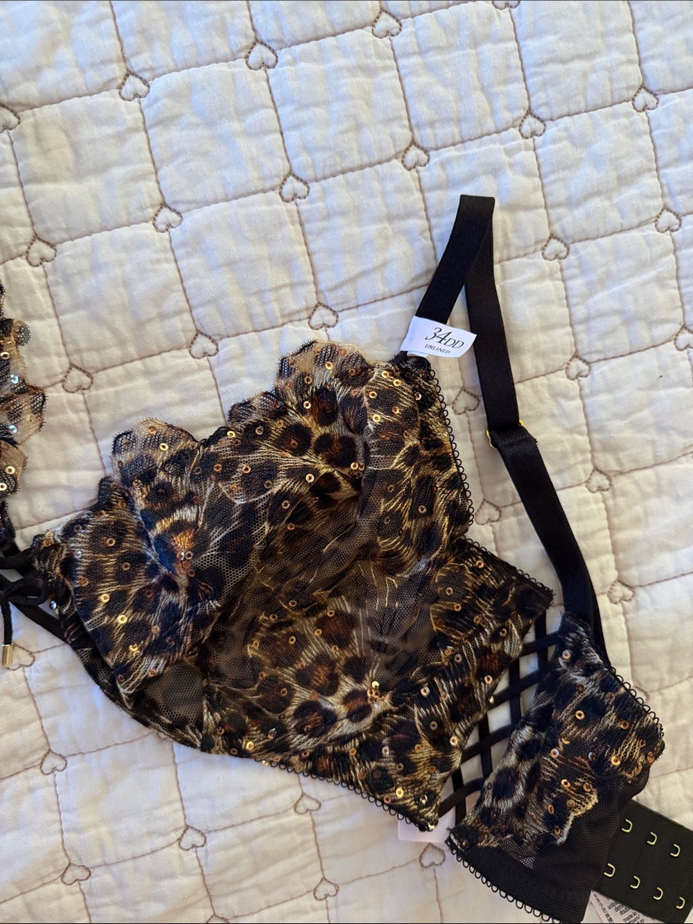 Victoria's Secret Leopard Lace Bralette with Gold Sequins and Black Straps